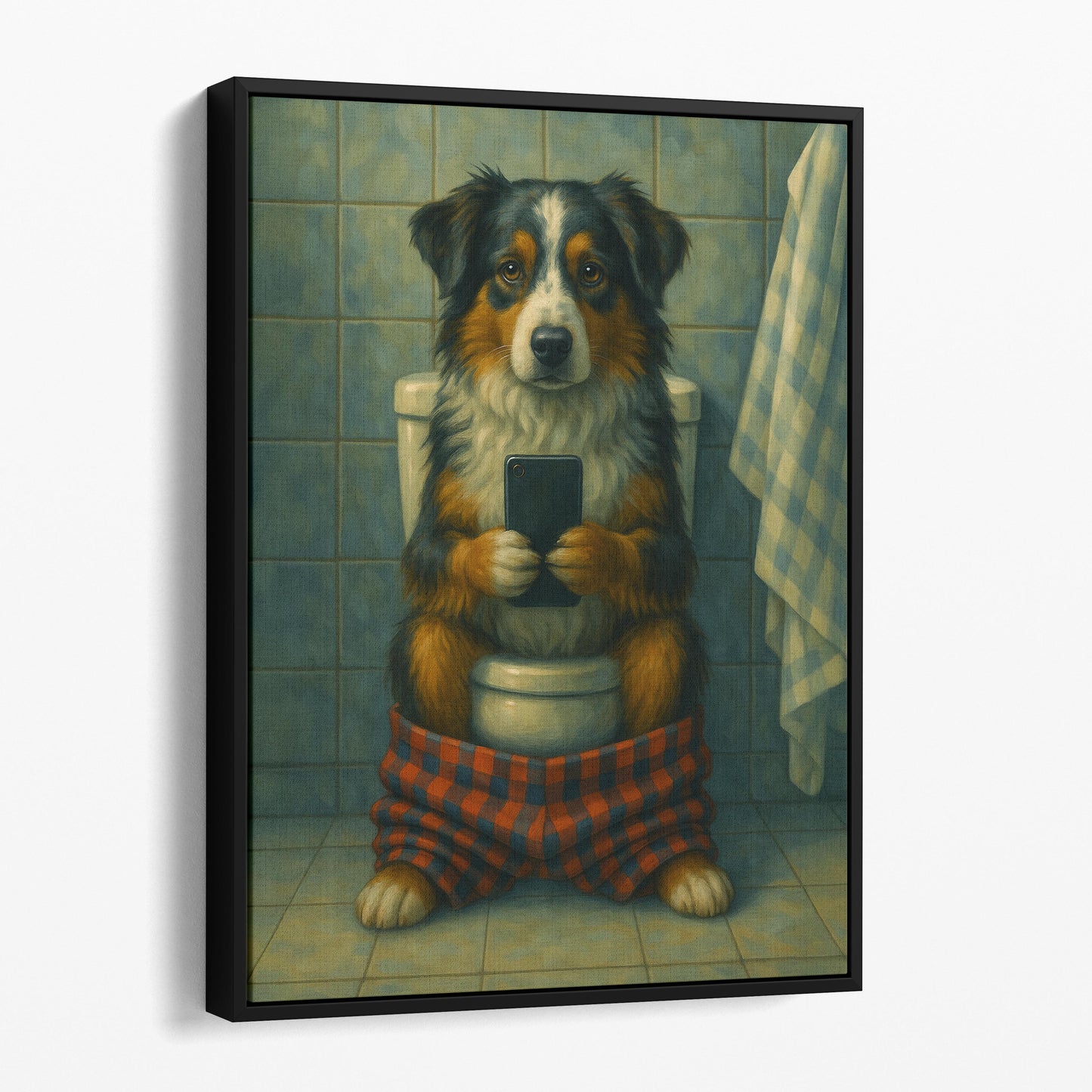 Australian Shepherd Dog On The Phone On The Toilet