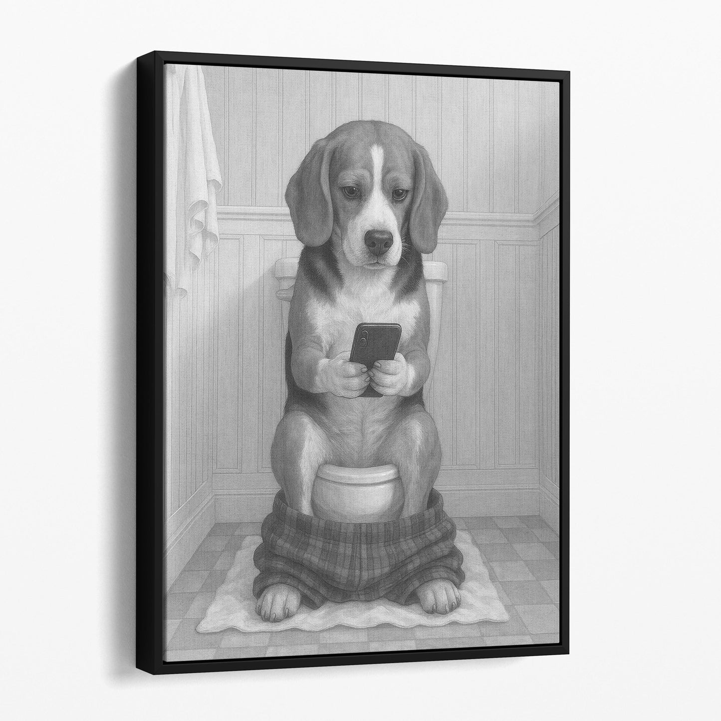 Beagle Dog On The Phone On The Toilet