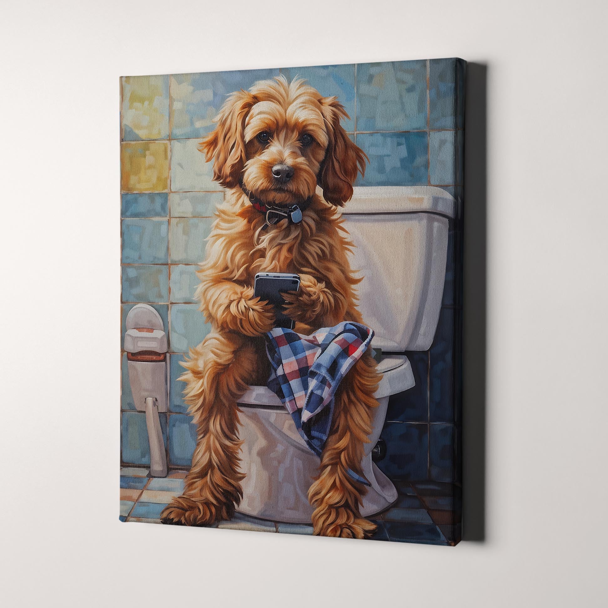 Cockapoo On The Phone On The Toilet Canvas Wall Art Prints