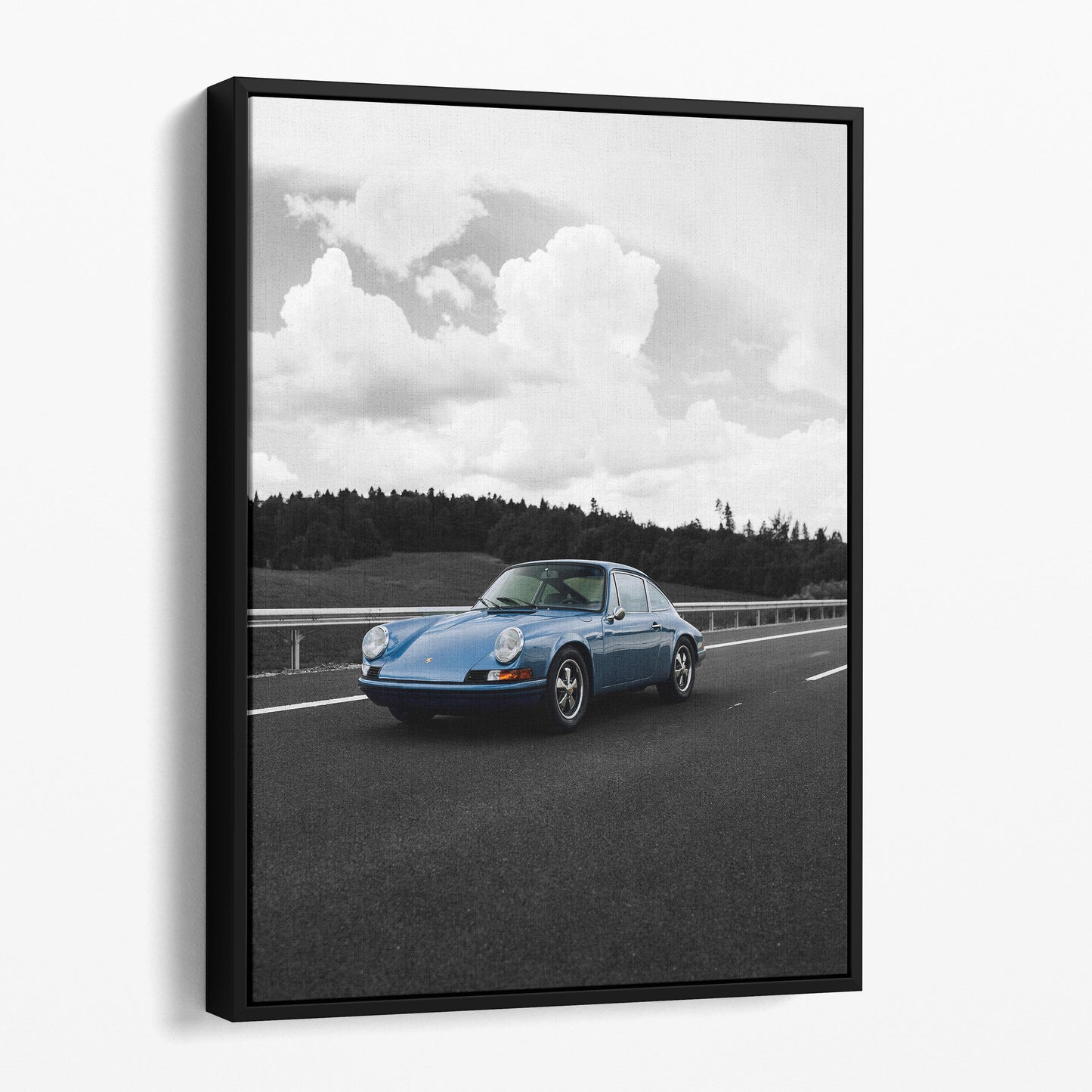 Old Blue Porsche Landscape on Black & White