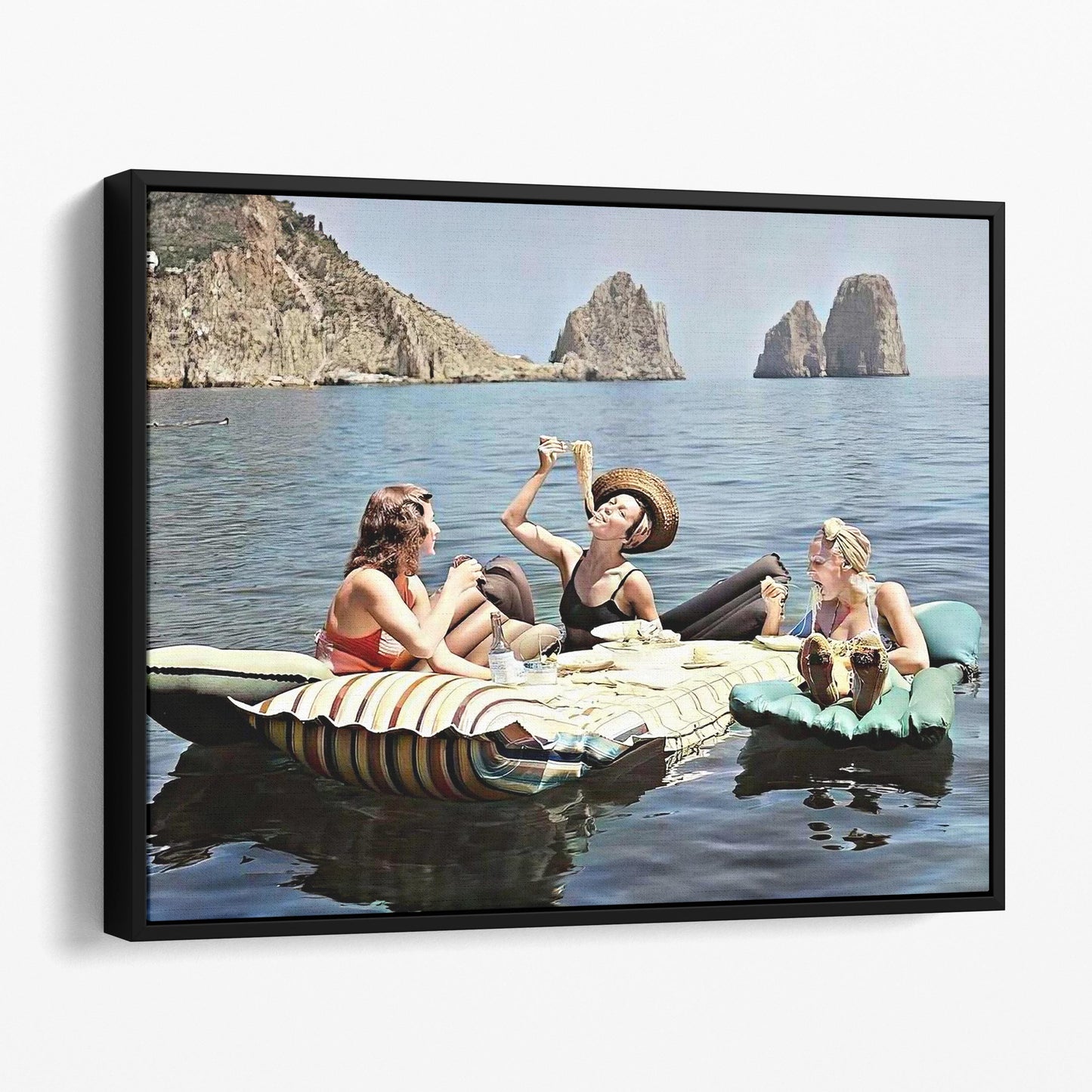 Floating Luncheon, Three Young Women Eat Spaghetti on Inflatable Mattresses at Lake of Capri, 1939