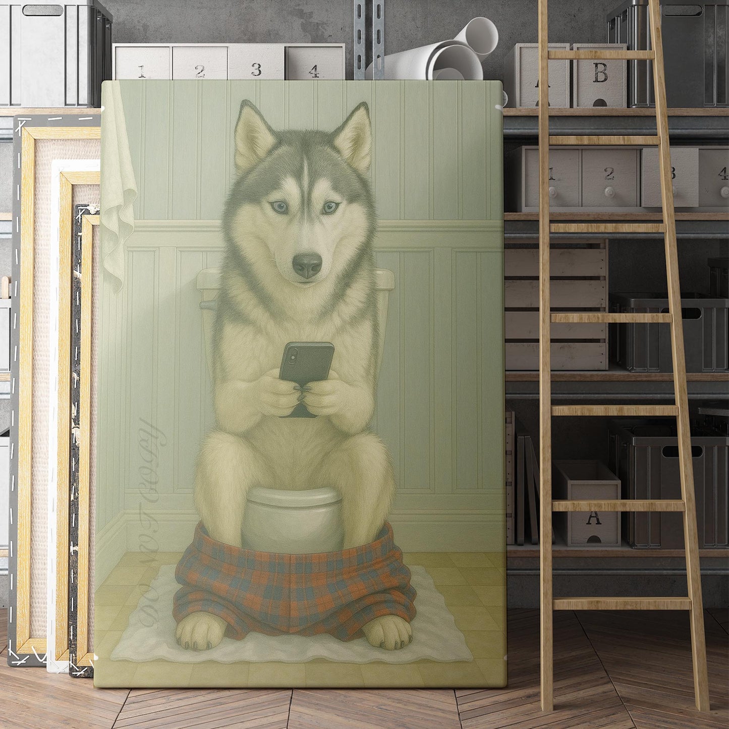 Husky On The Phone On The Toilet