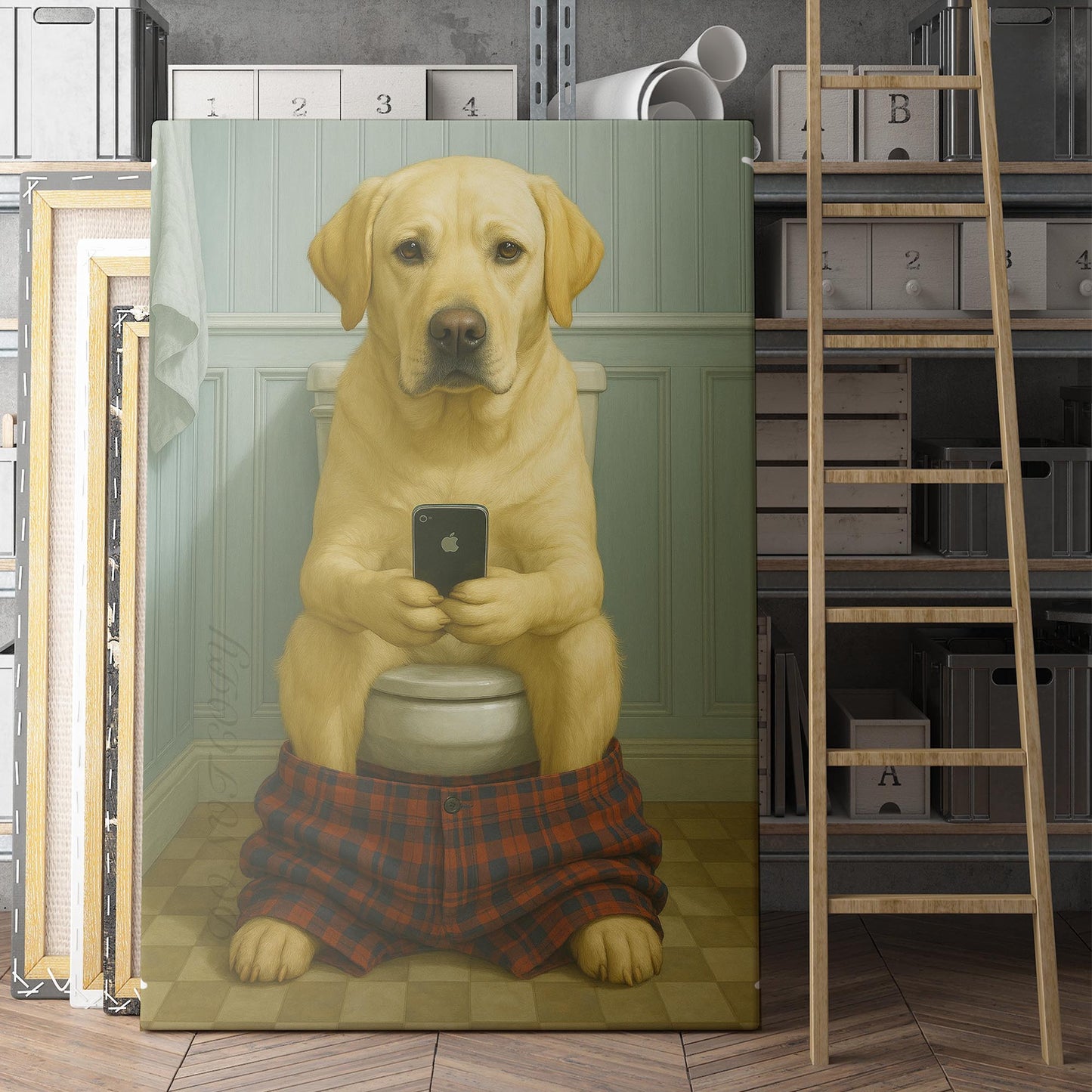 Yellow Labrador Retriever On The Phone On The Toilet