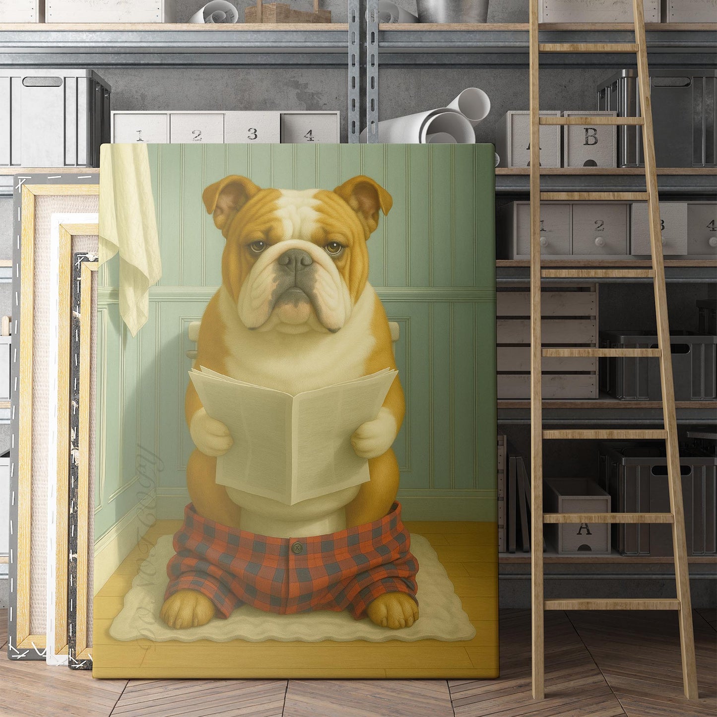 Bulldog Reading The Newspaper On The Toilet
