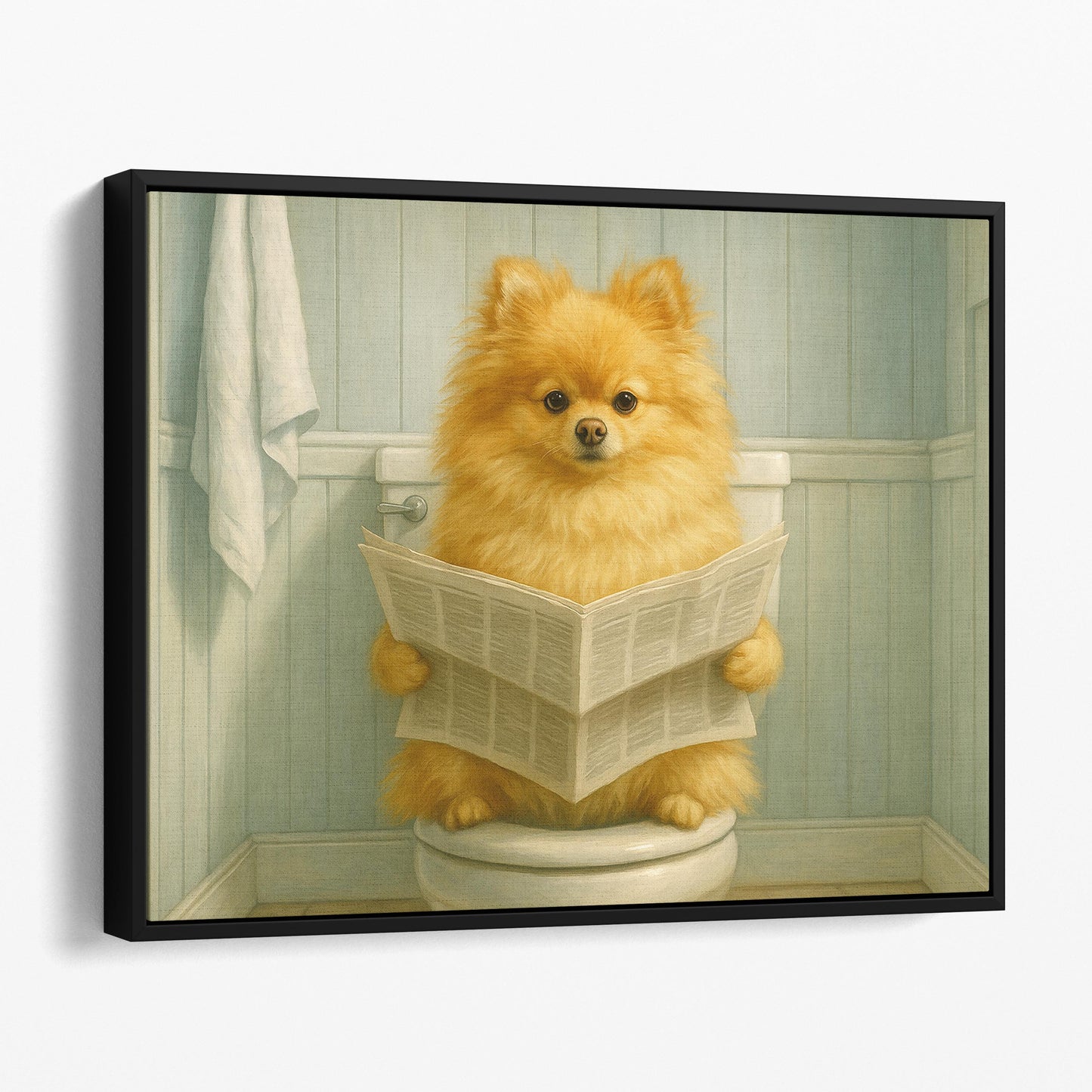 Pomeranian Dog Reading The Newspaper On The Toilet