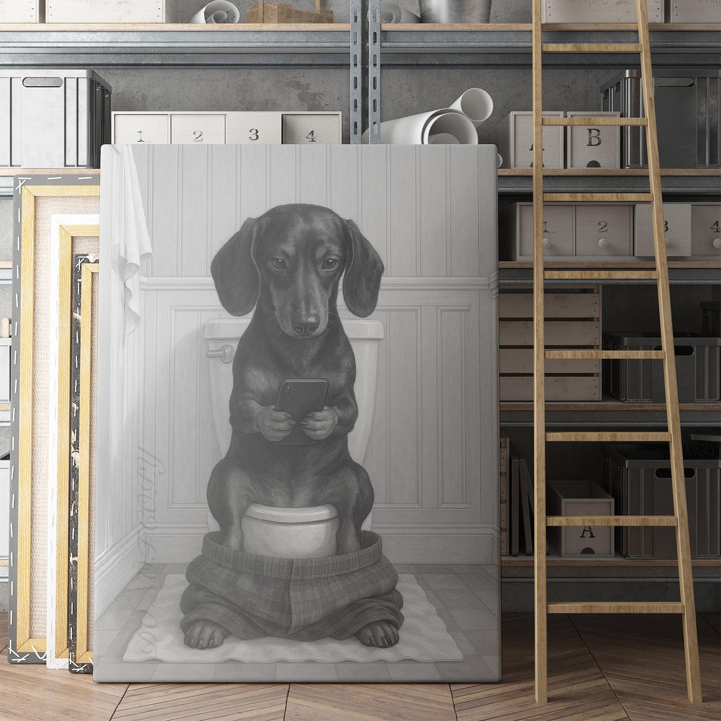 Dachshund Dog On The Phone On The Toilet