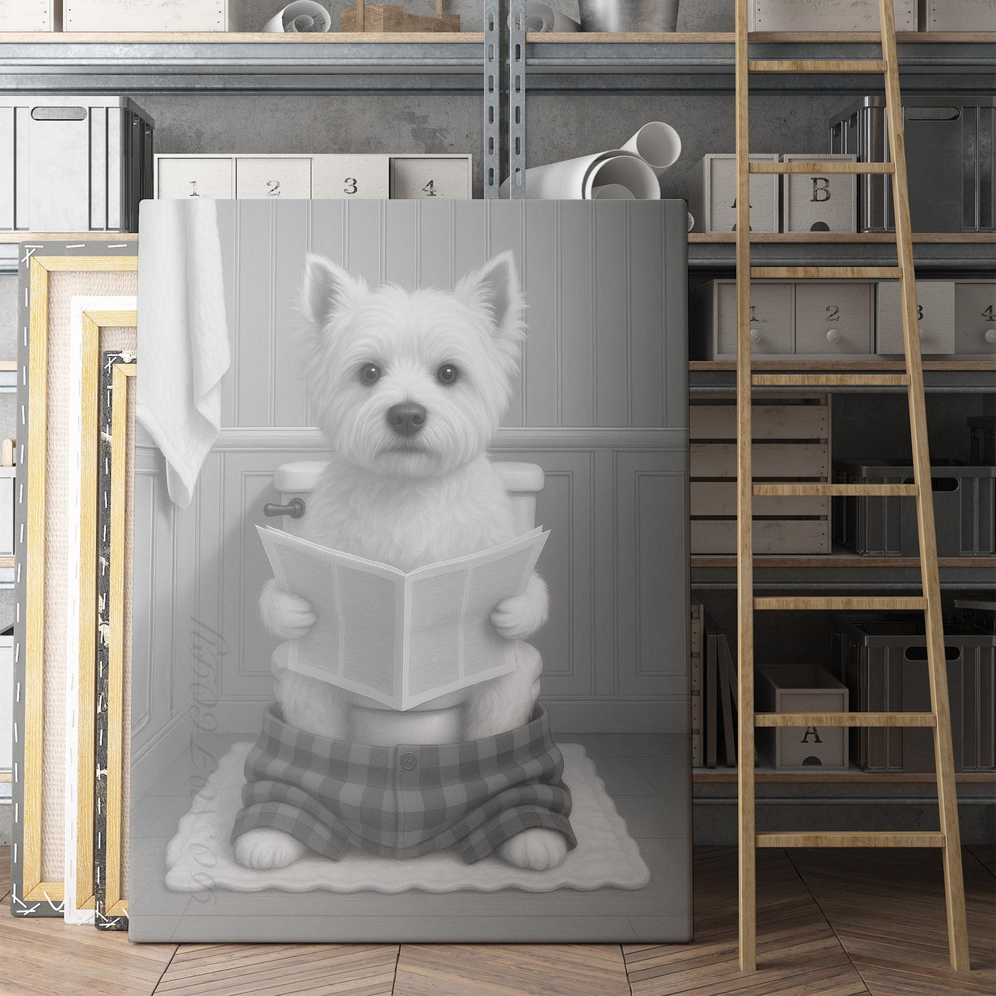 West Highland White Terrier Dog Reading The Newspaper On The Toilet