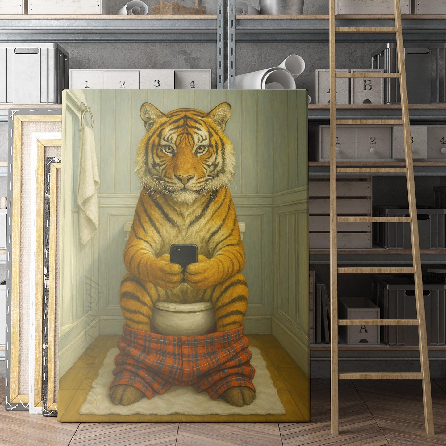 Tiger On The Phone On The Toilet