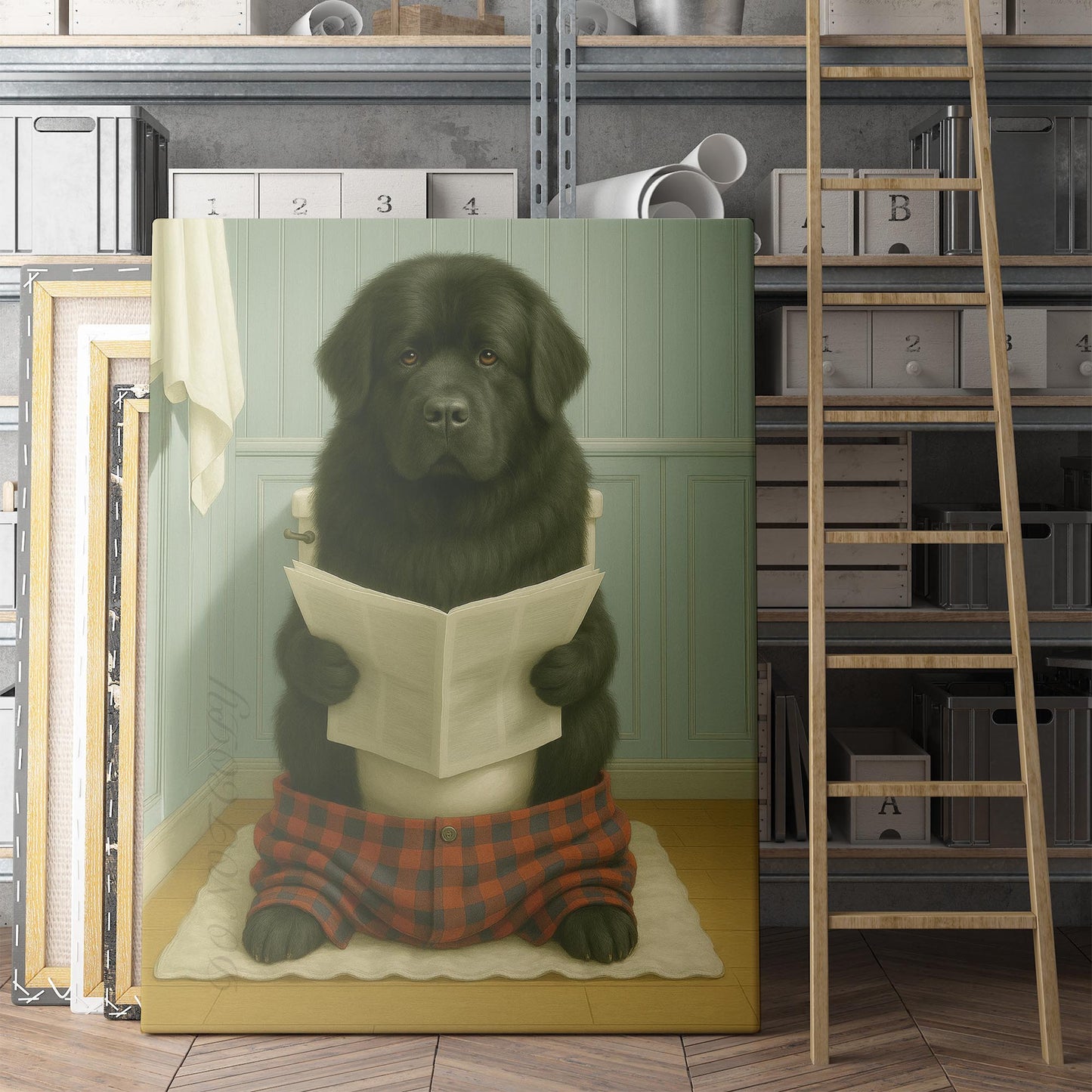 Newfoundland Dog Reading The Newspaper On The Toilet