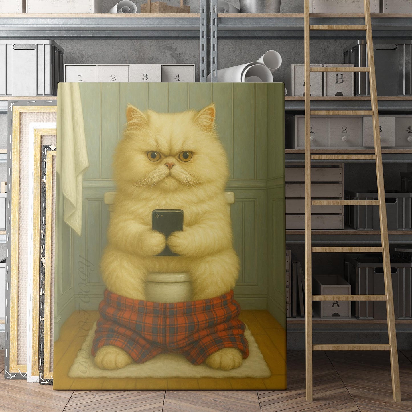 Persian Cat On The Phone On The Toilet