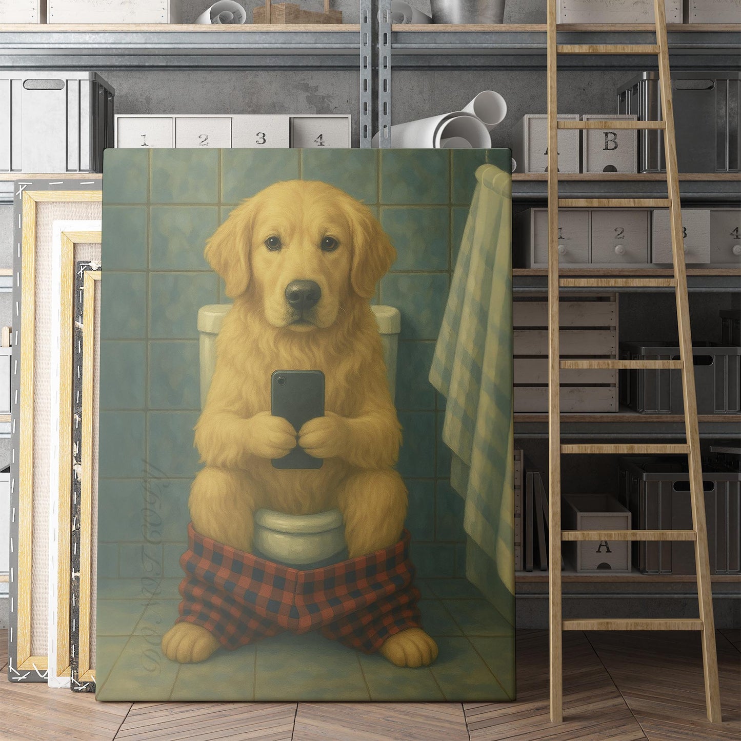 Golden Retriever On The Phone On The Toilet