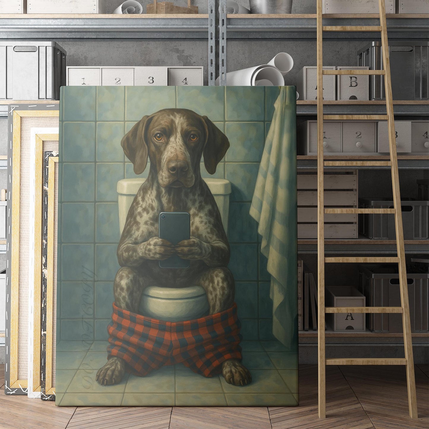 German Shorthaired Pointer On The Phone On The Toilet