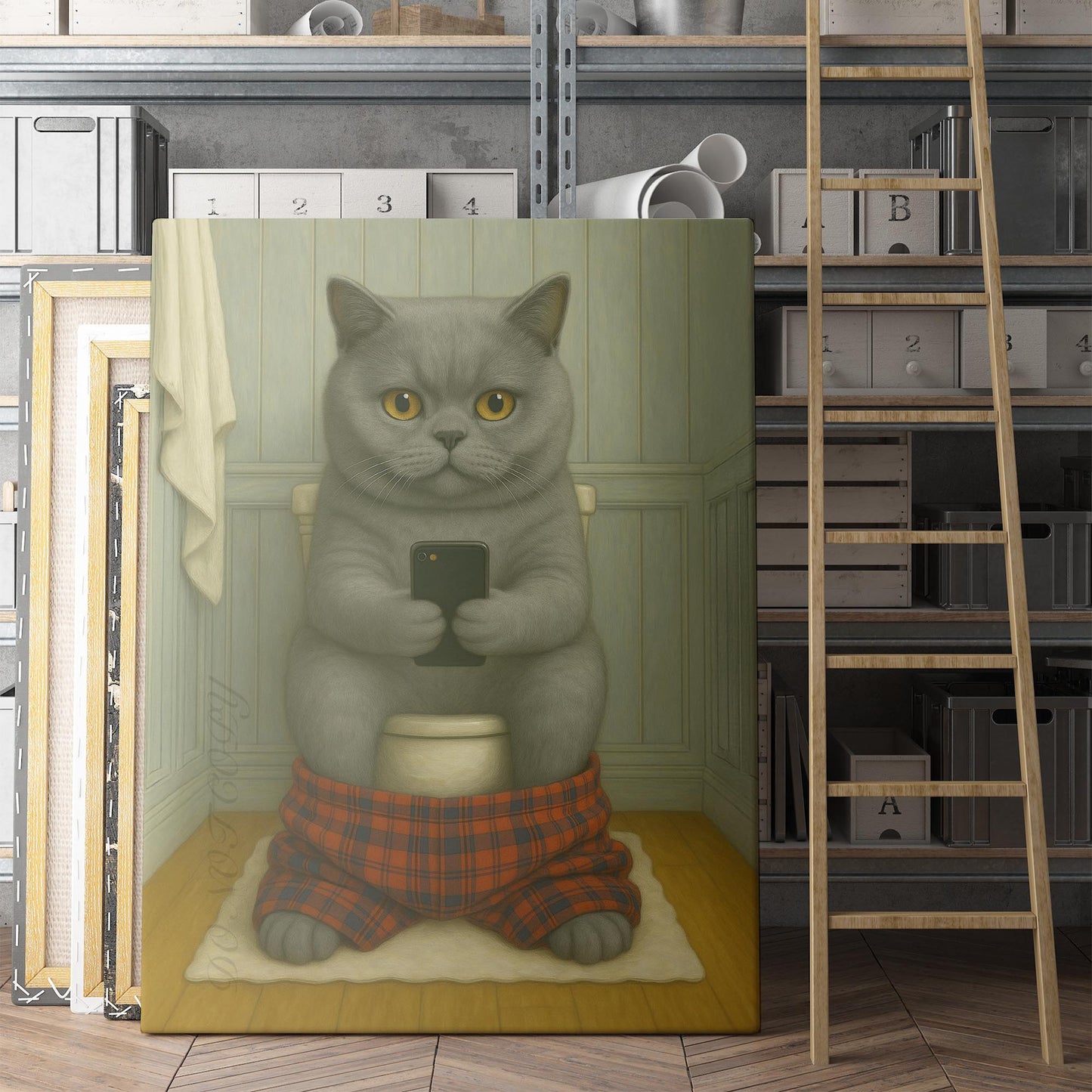 British Shorthair Cat On The Phone On The Toilet
