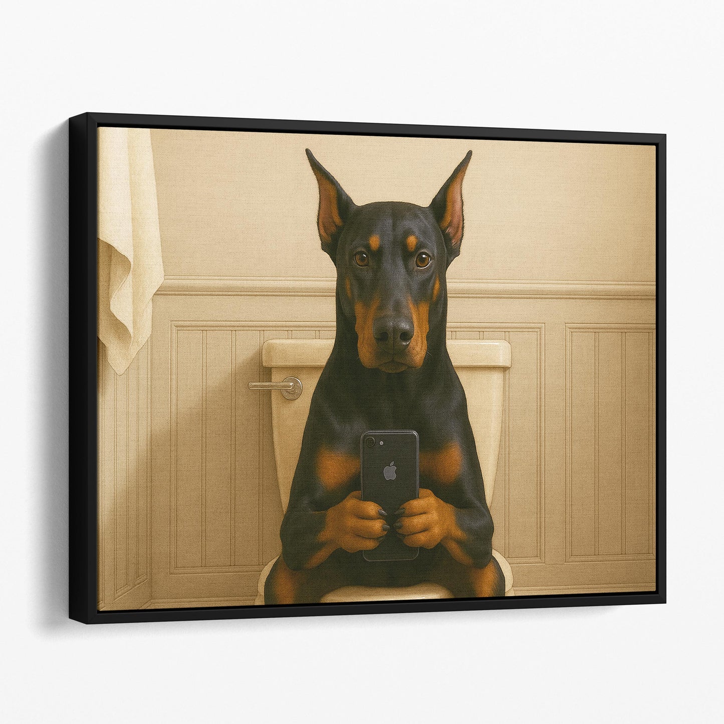 Dobermann Dog On The Phone On The Toilet