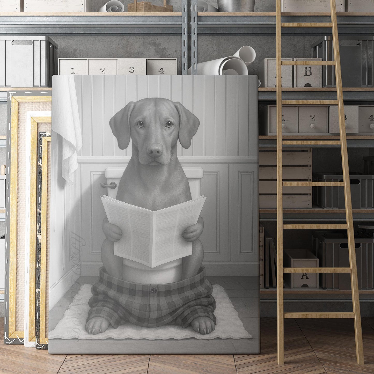 Vizsla Dog Reading The Newspaper On The Toilet