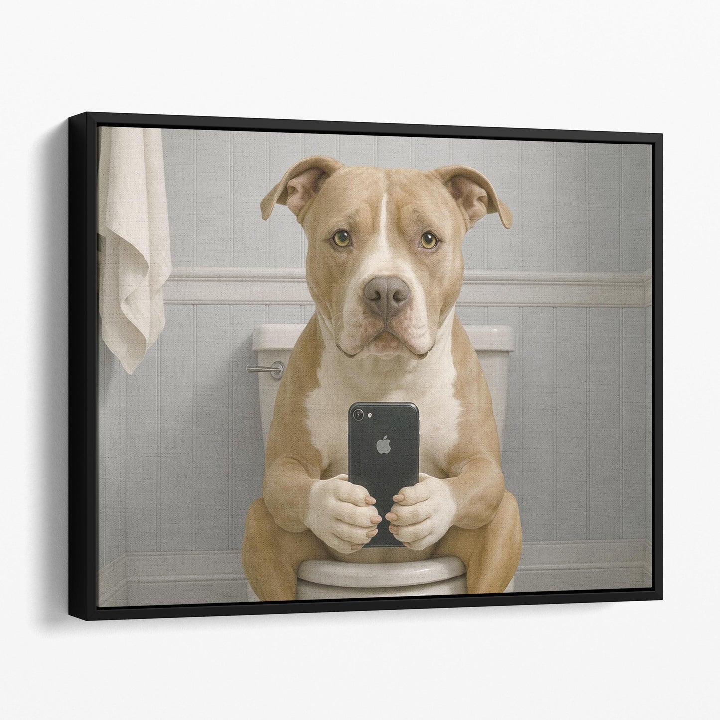 American Pit Bull Terrier Dog On The Phone On The Toilet