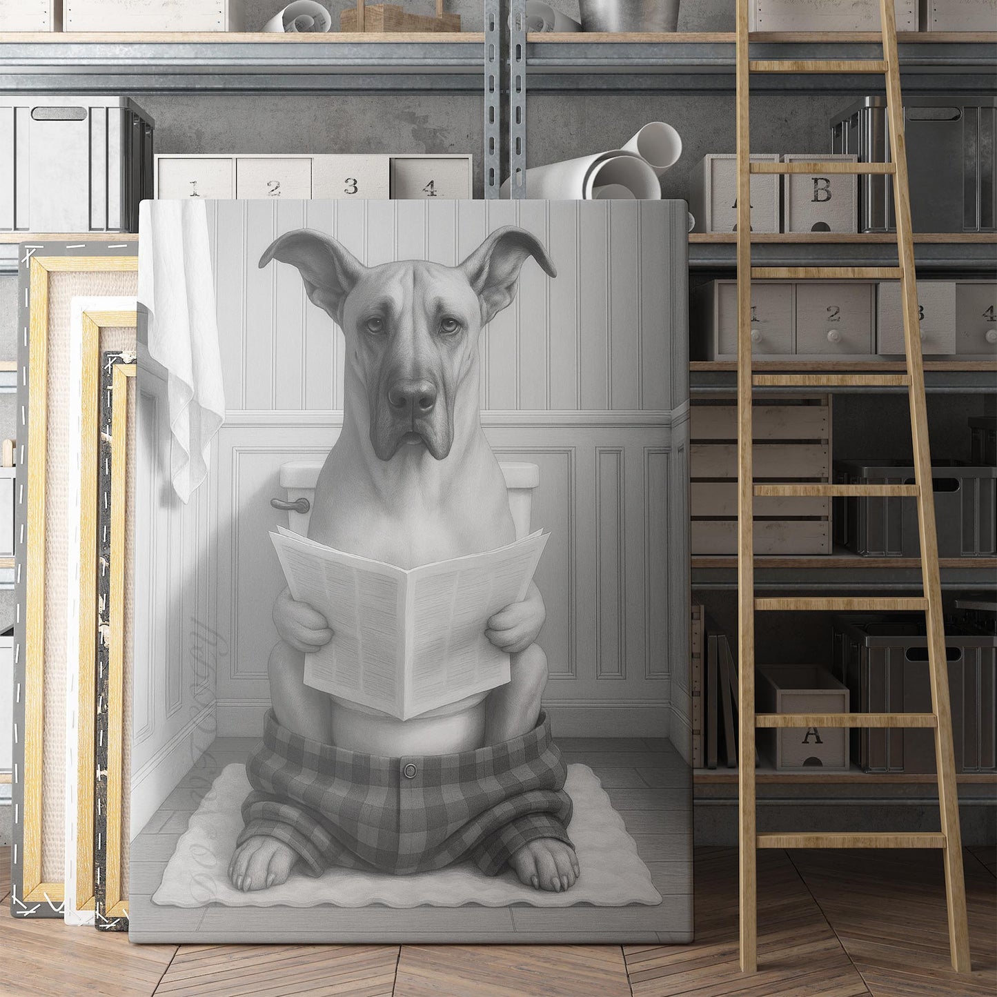 Great Dane Dog Reading The Newspaper On The Toilet