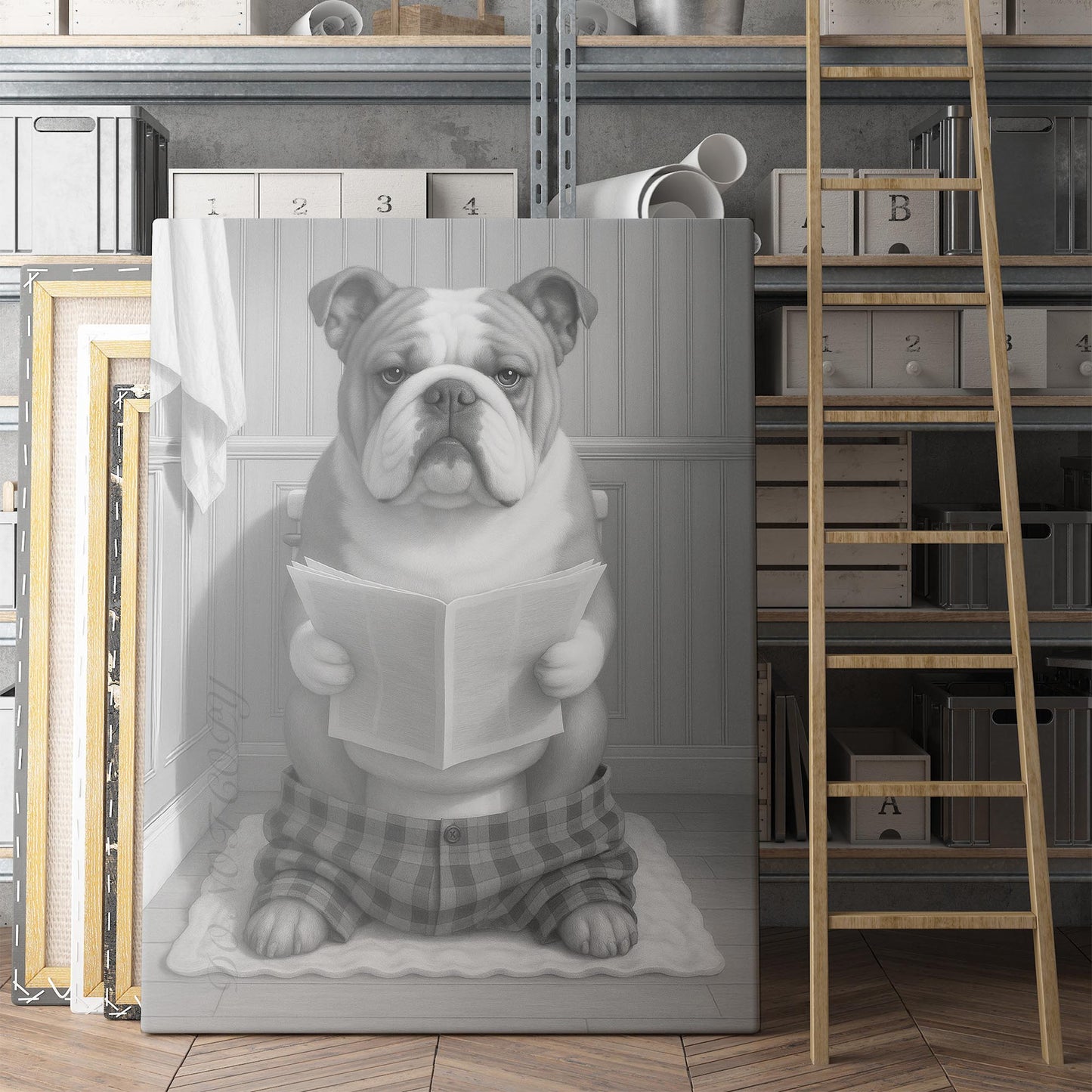 Bulldog Reading The Newspaper On The Toilet