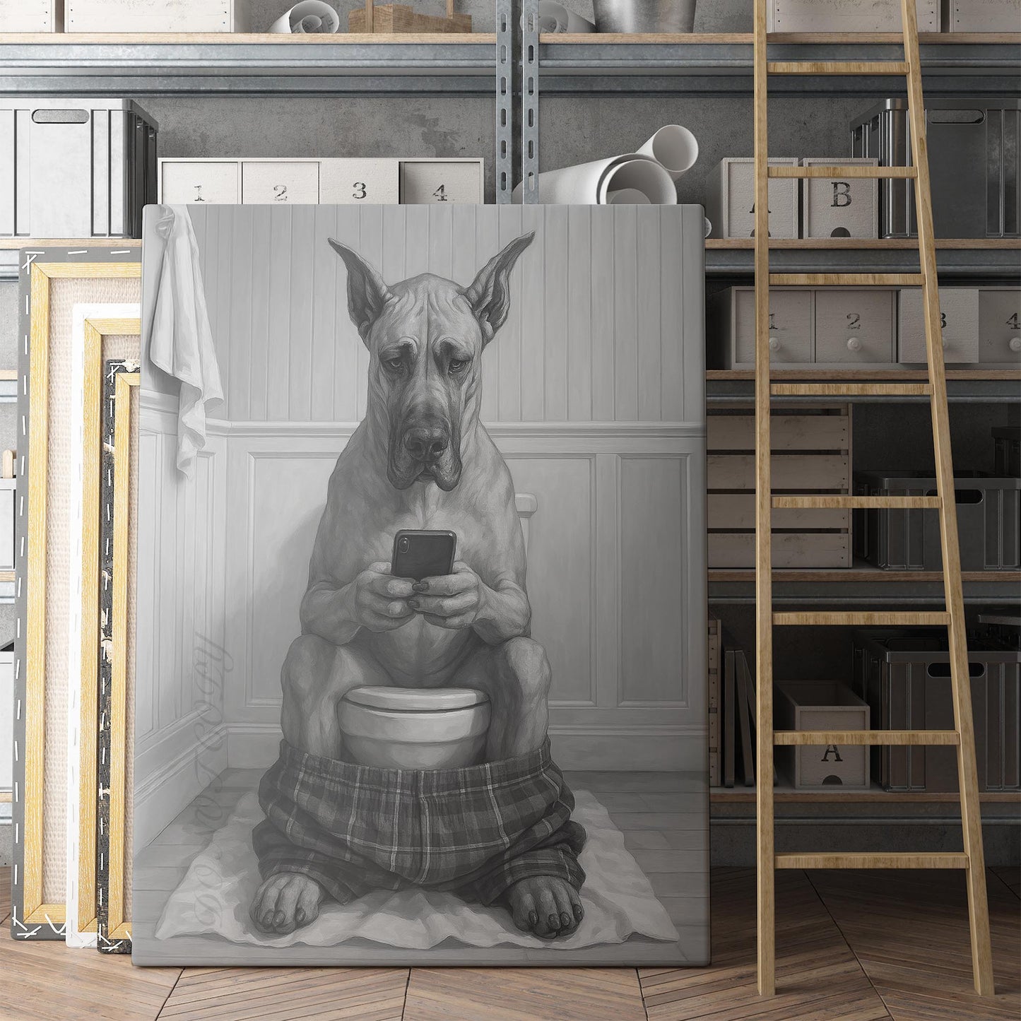 Great Dane Dog On The Phone On The Toilet