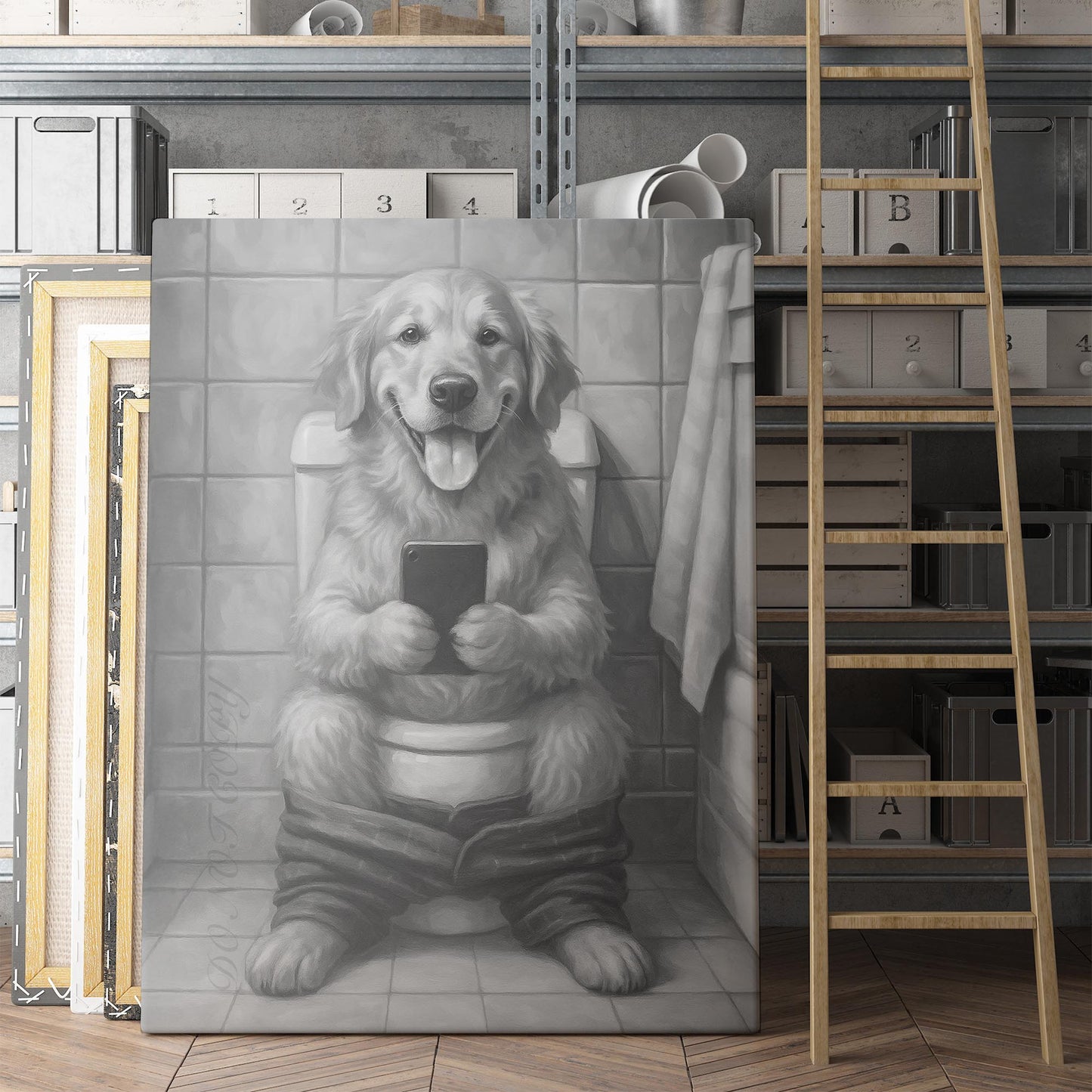 Golden Retriever On The Phone On The Toilet