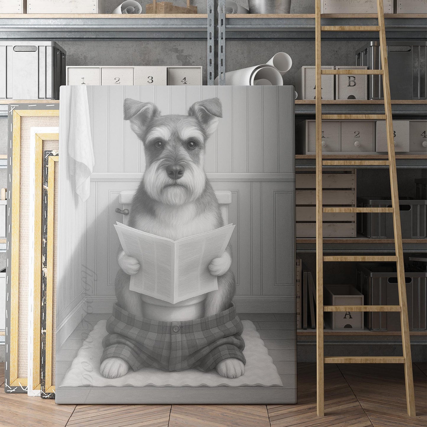 Schnauzer Dog Reading The Newspaper On The Toilet