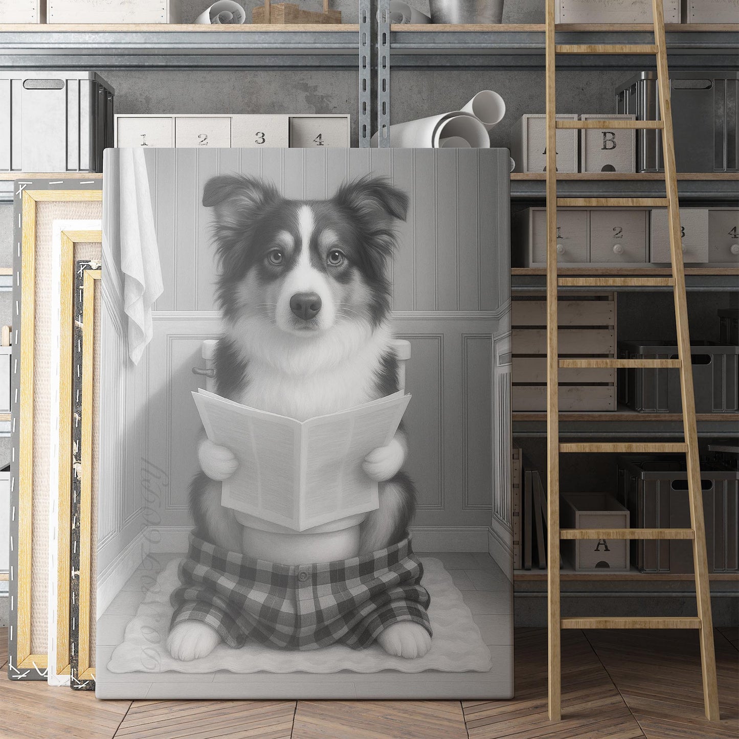 Australian Shepherd Dog Reading The Newspaper On The Toilet