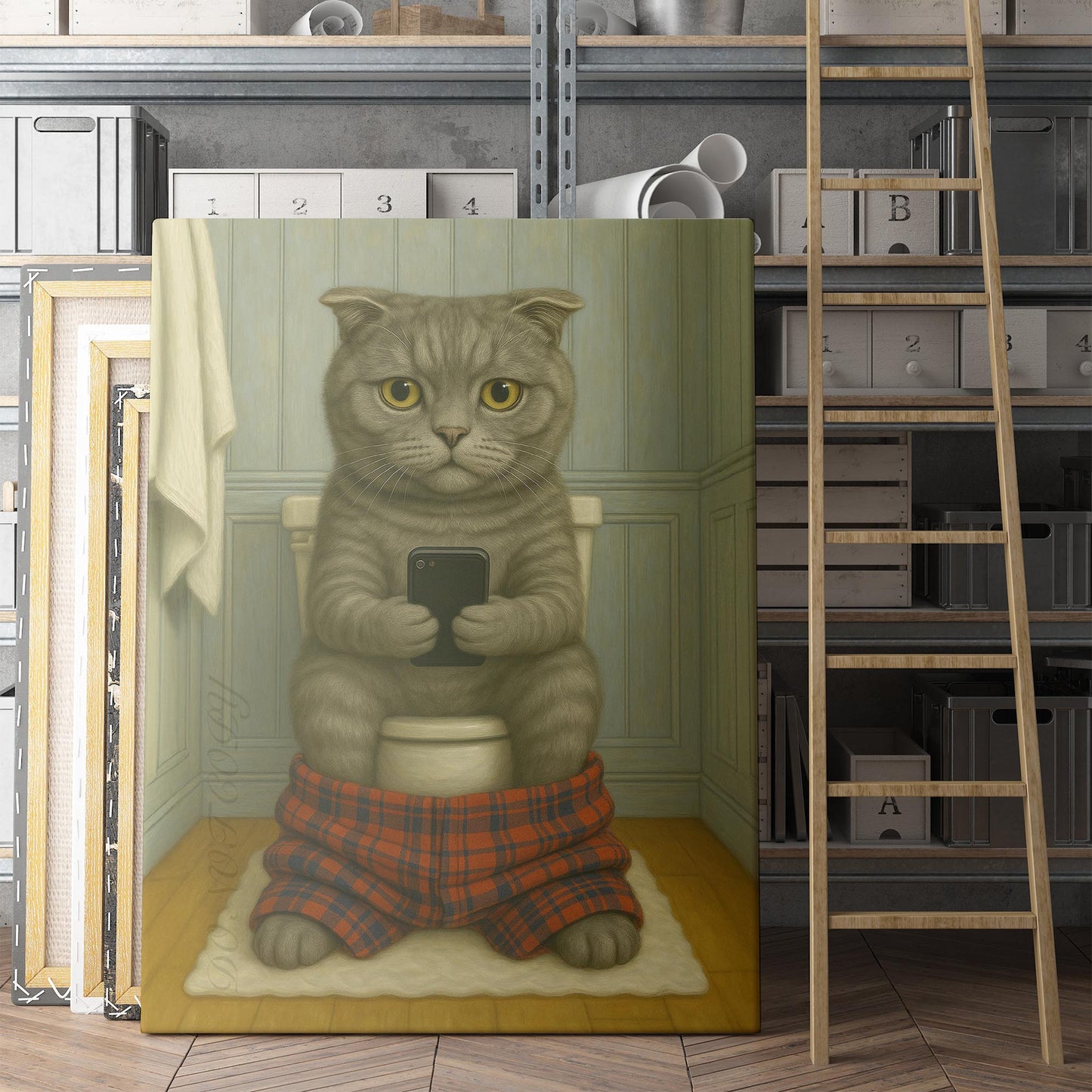 Scottish Fold Cat On The Phone On The Toilet