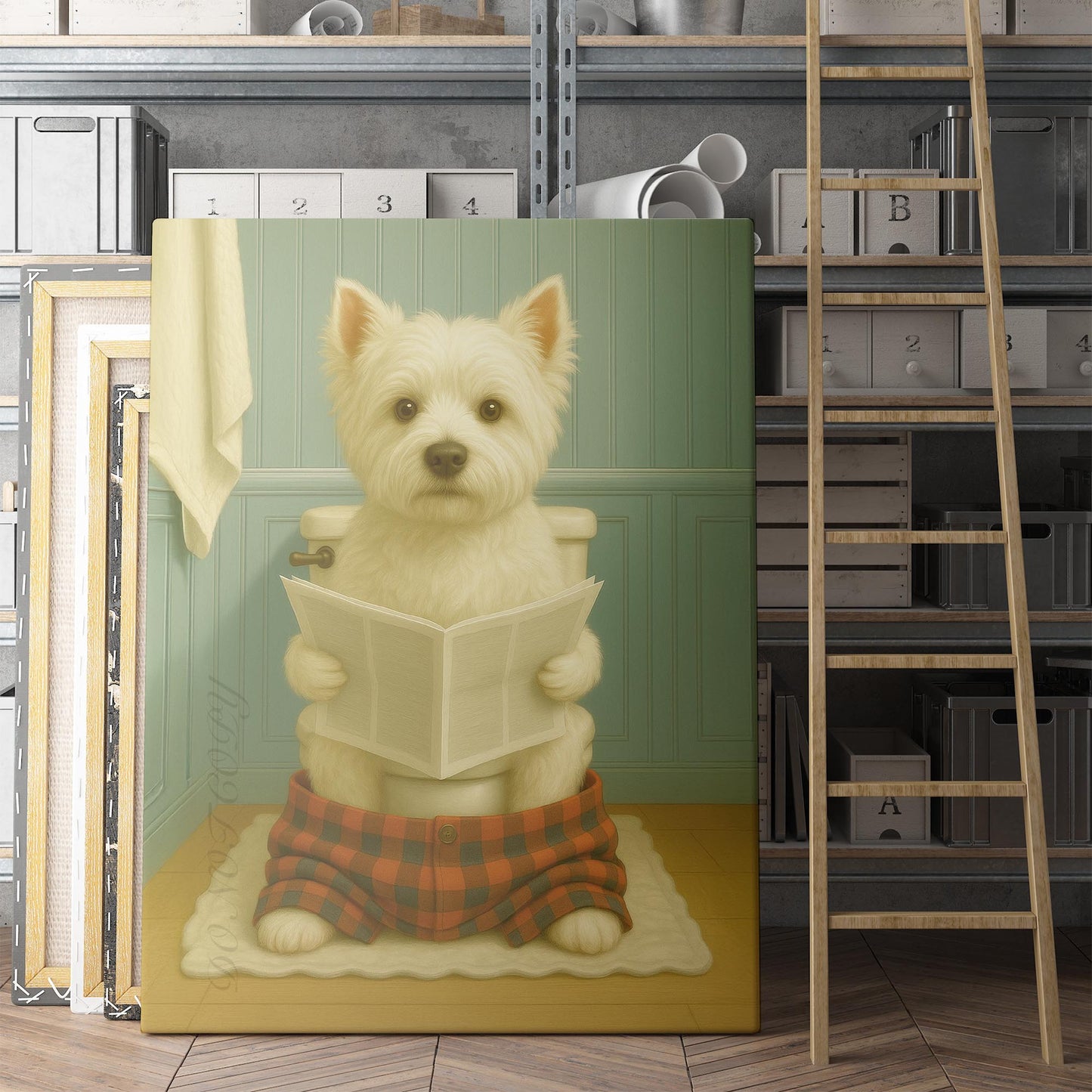 West Highland White Terrier Dog Reading The Newspaper On The Toilet