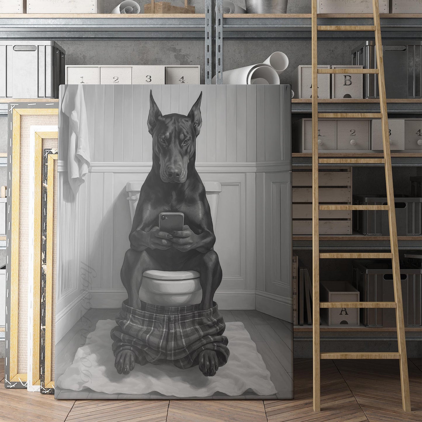 Dobermann Dog On The Phone On The Toilet