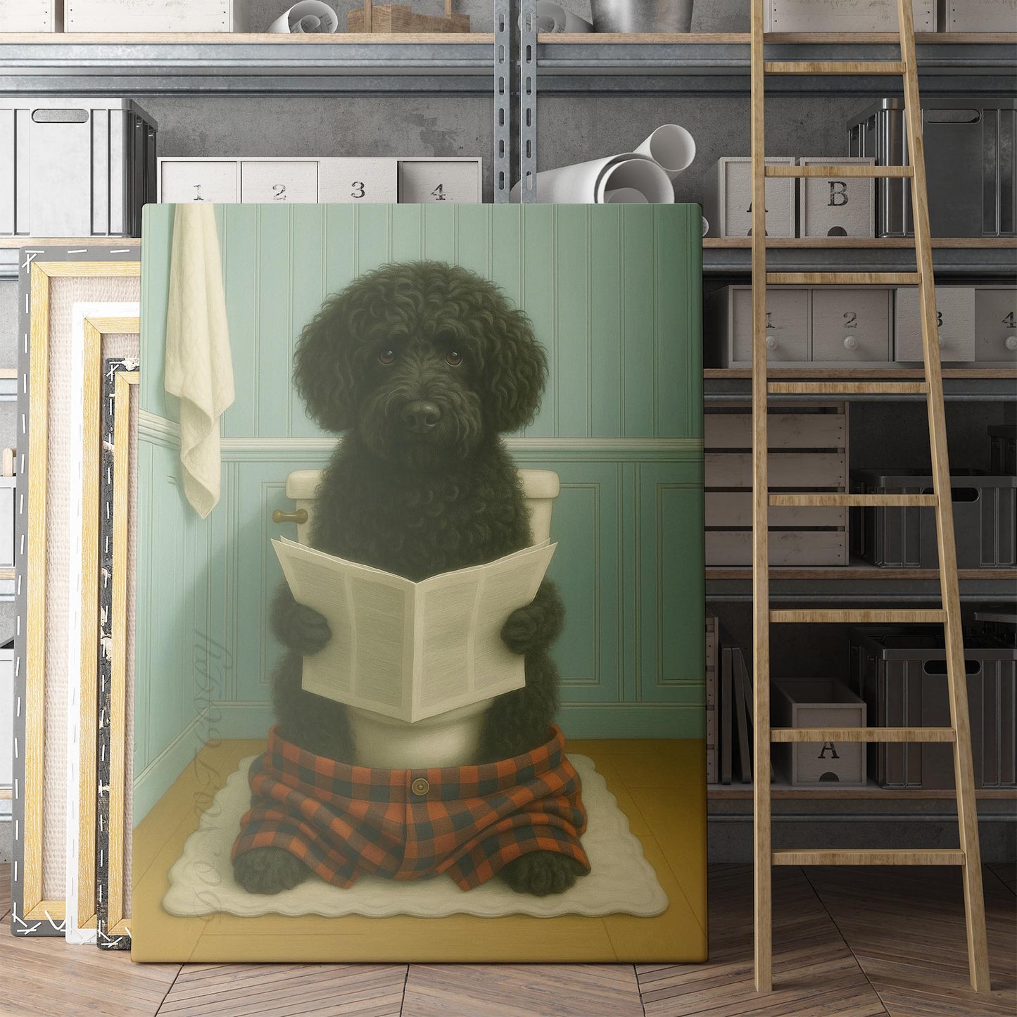 Portuguese Water Dog Reading The Newspaper On The Toilet