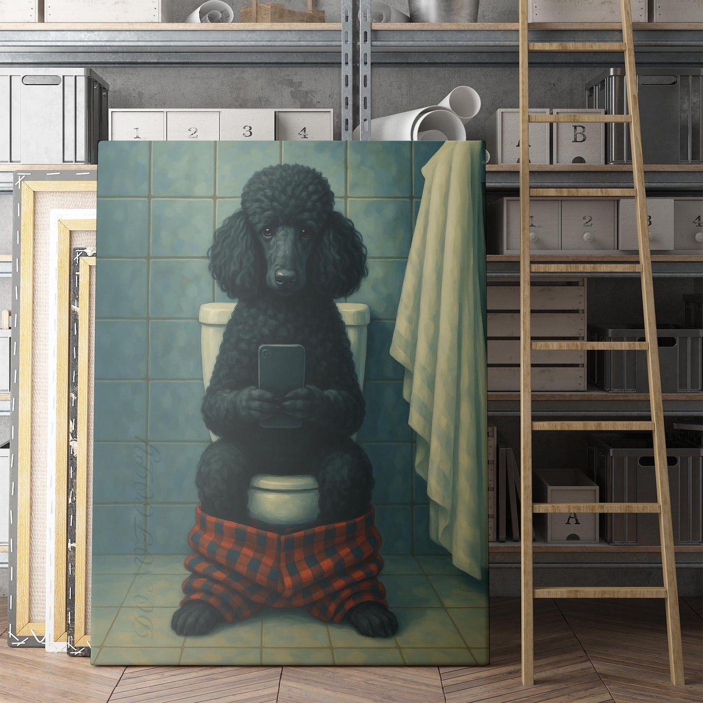 Black Poodle Dog On The Phone On The Toilet