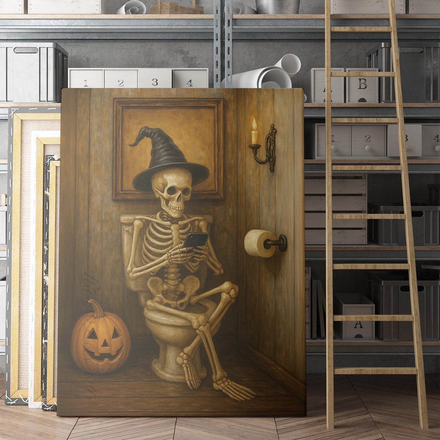 Halloween Skeleton On The Phone On The Toilet