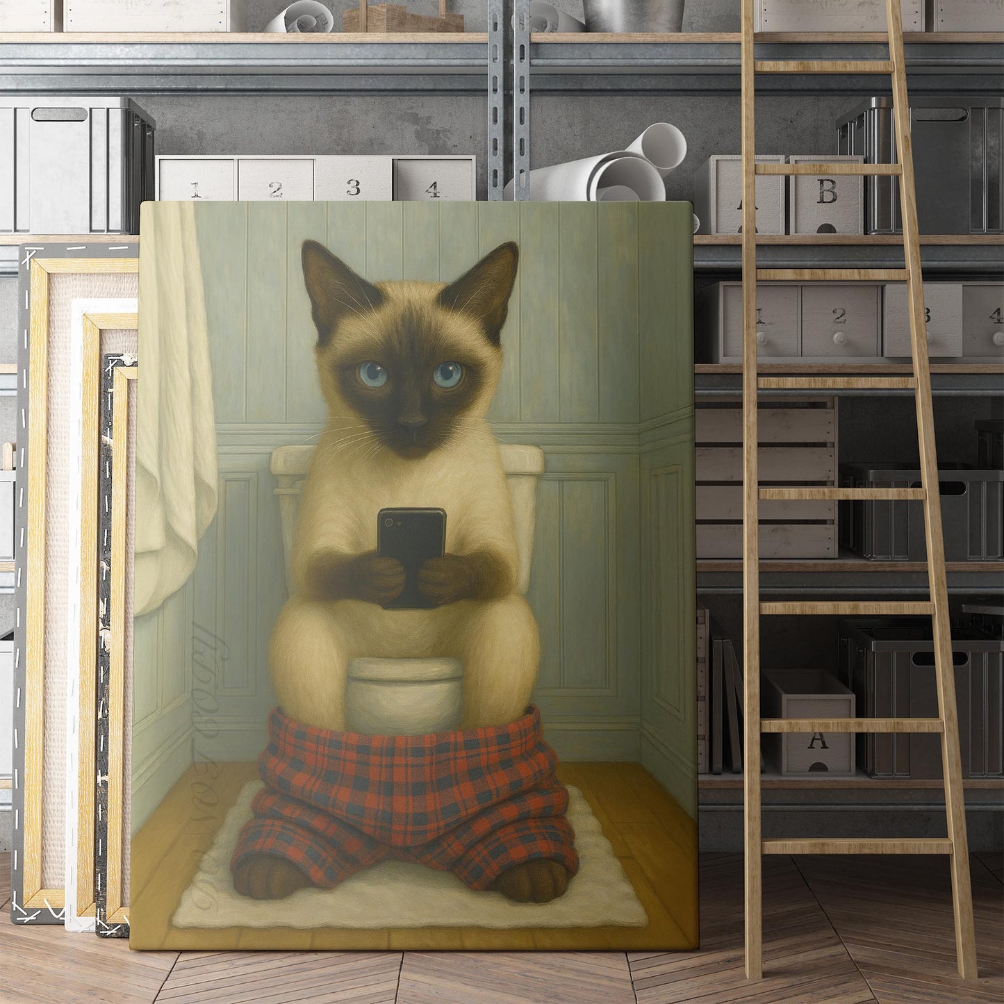 Siamese Cat On The Phone On The Toilet
