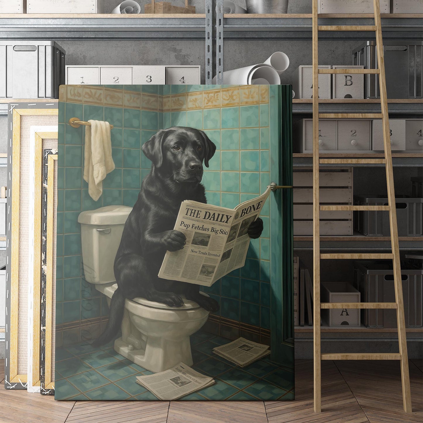 Black Lab On The Toilet Reading The Newspaper