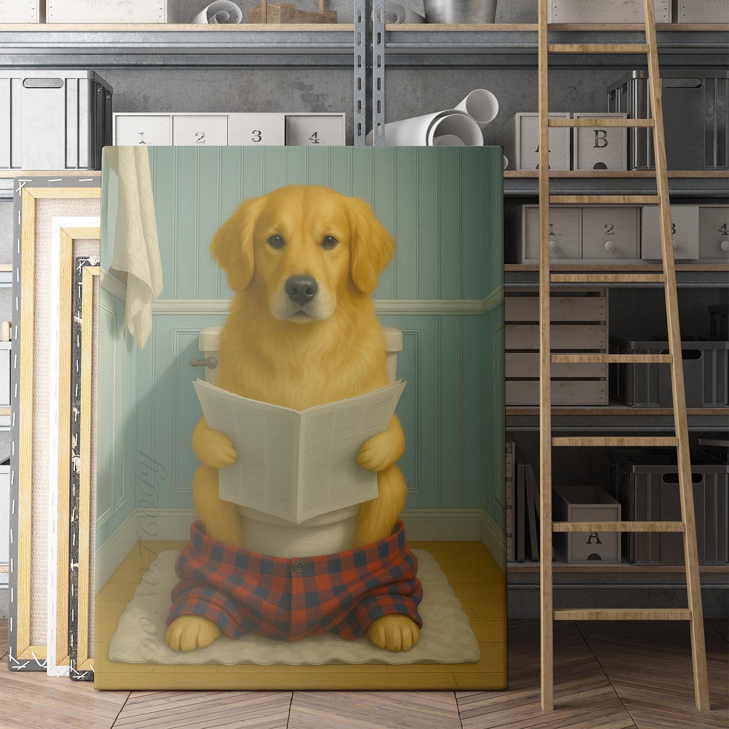 Golden Retriever Dog Reading The Newspaper On The Toilet