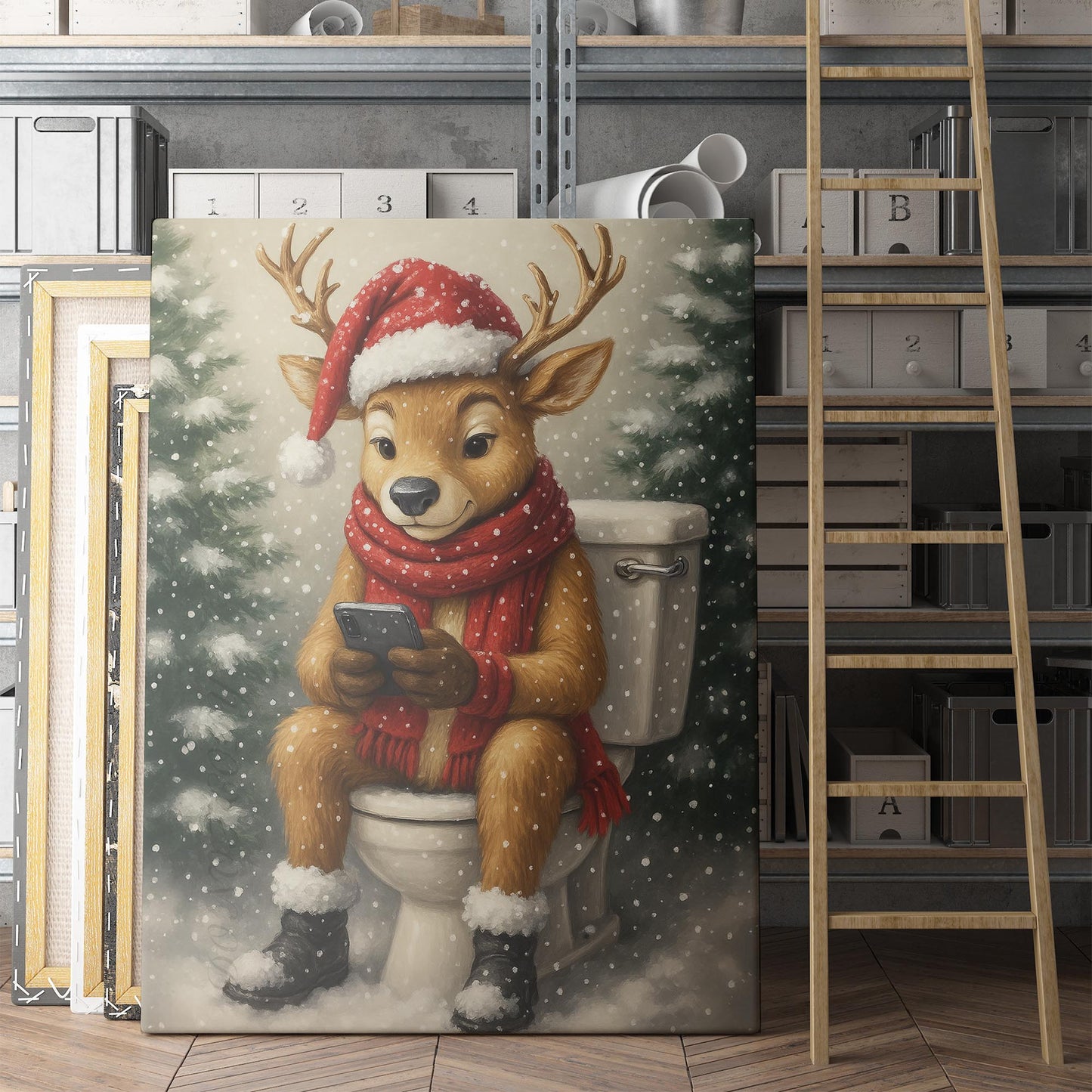 Christmas Reindeer On The Phone On The Toilet