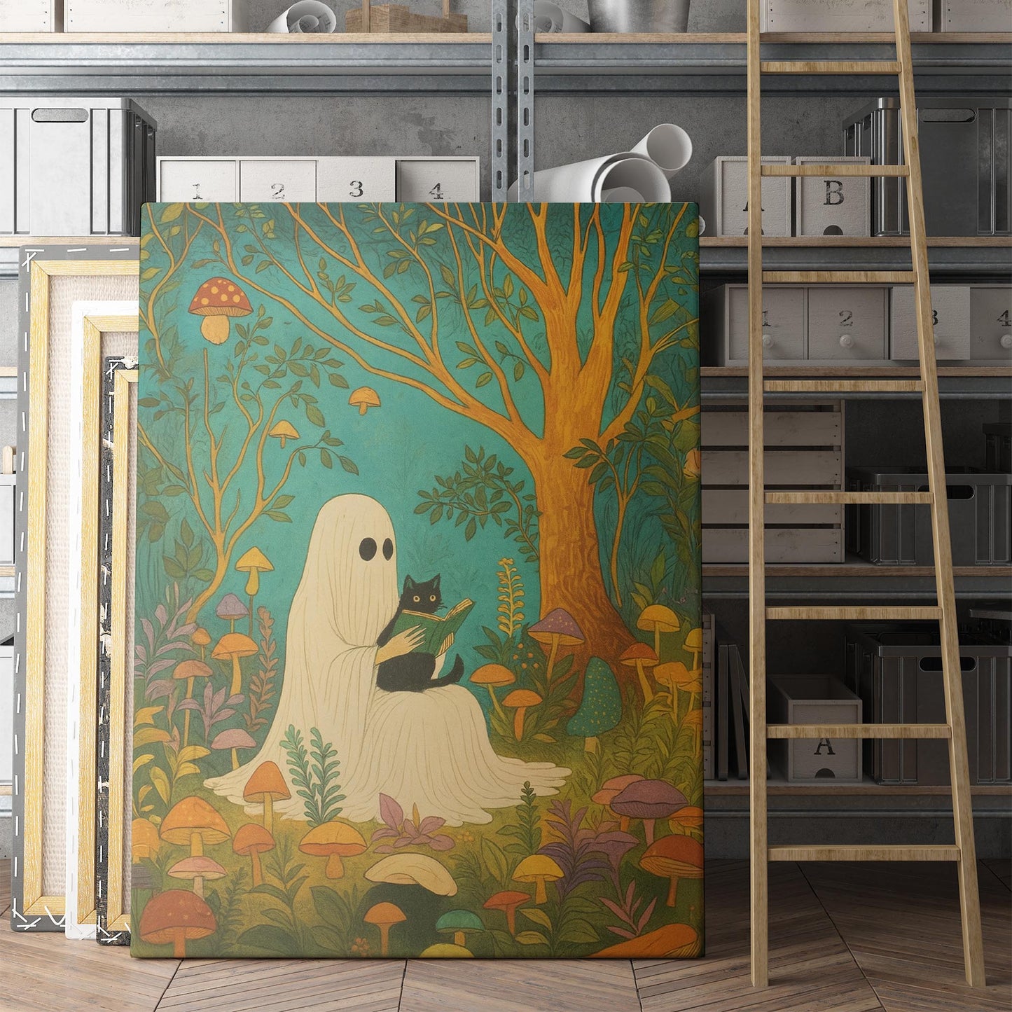 Ghost Reading With A Black Cat In A Mushroom Forest