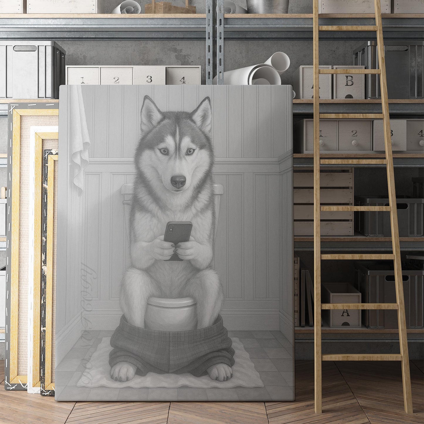 Husky Dog On The Phone On The Toilet