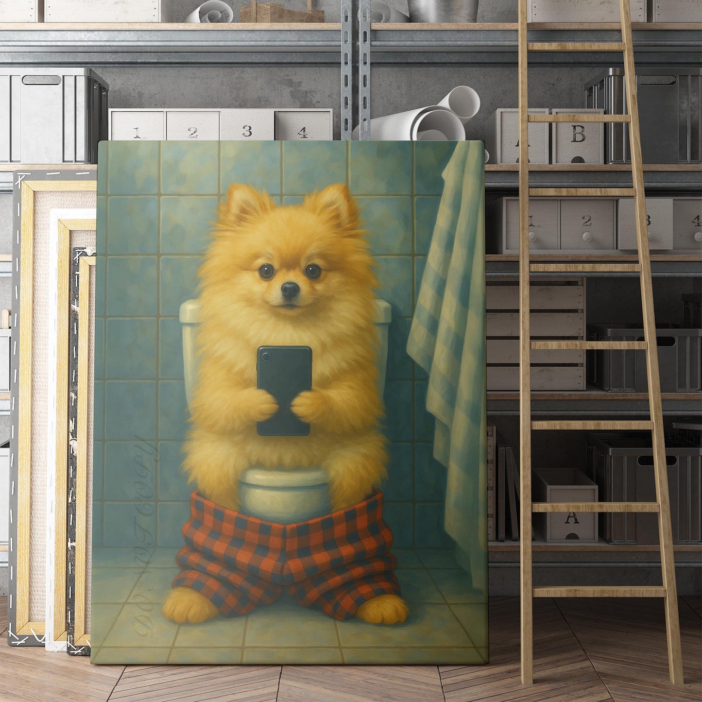 Pomeranian On The Phone On The Toilet