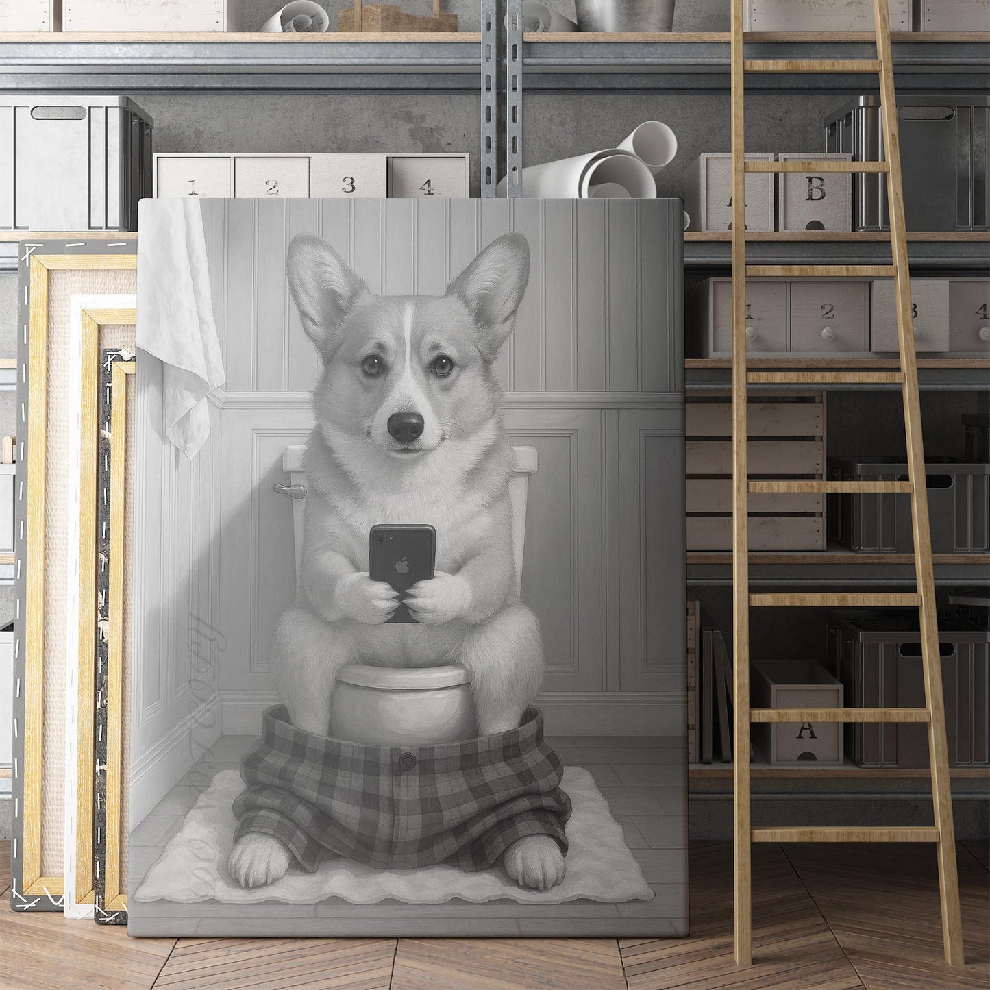 Pembroke Welsh Corgi Dog On The Phone On The Toilet