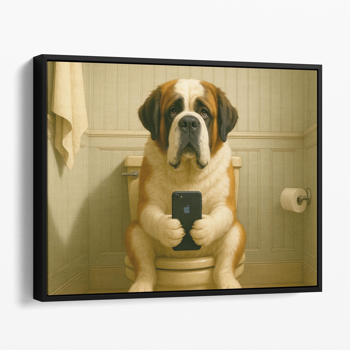 St. Bernard Dog On The Phone On The Toilet