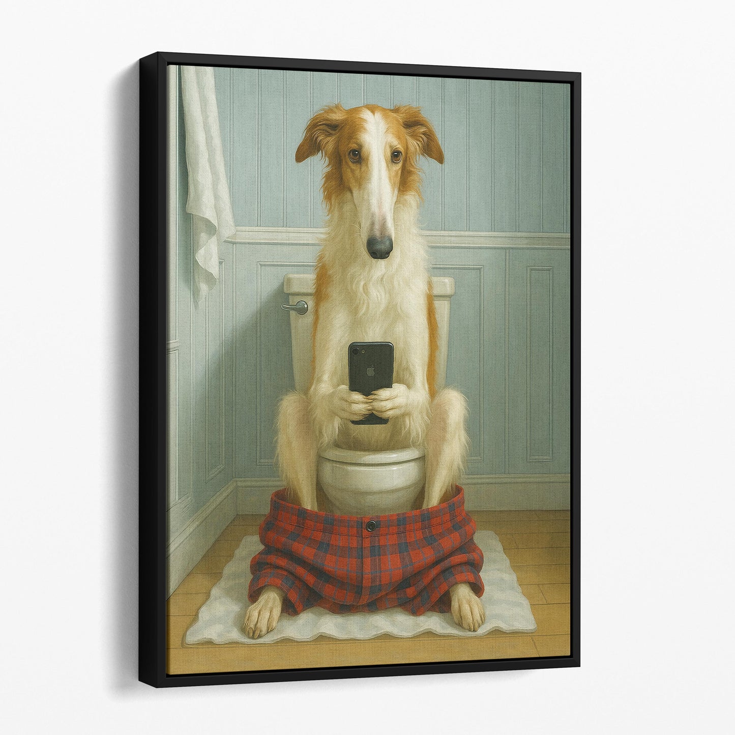Borzoi Dog On The Phone On The Toilet
