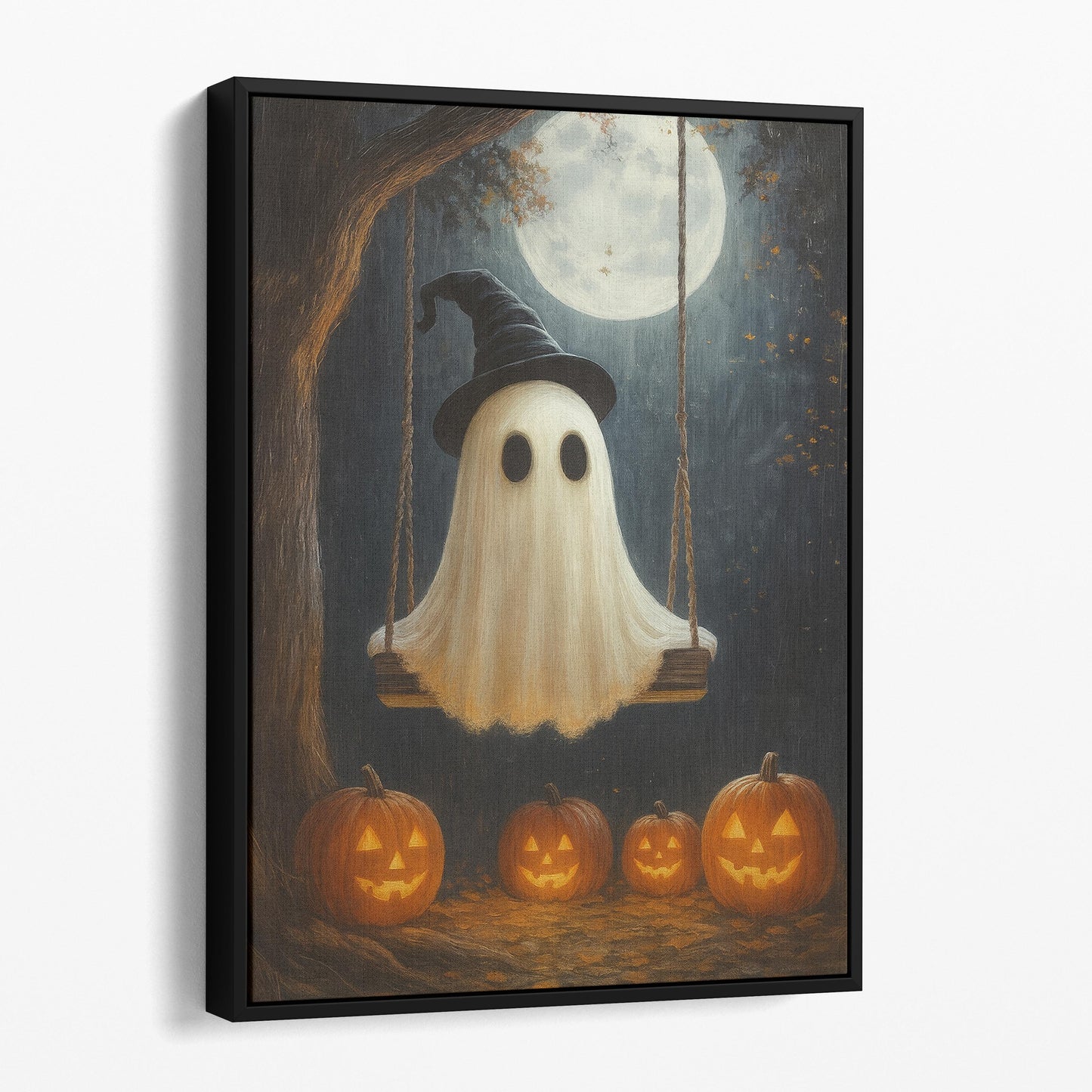 Ghost On A Swing With Pumpkins And Full Moon