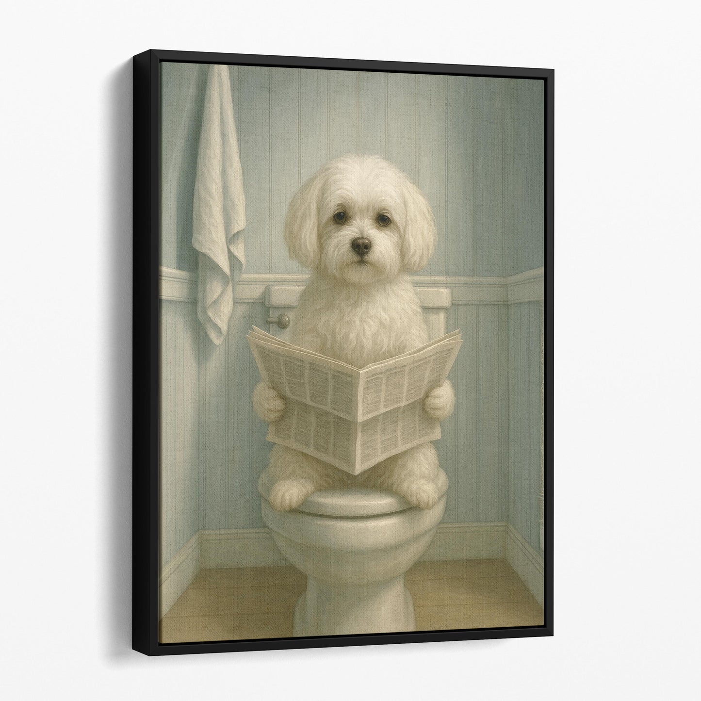 Maltese Dog On The Toilet Reading The Newspaper