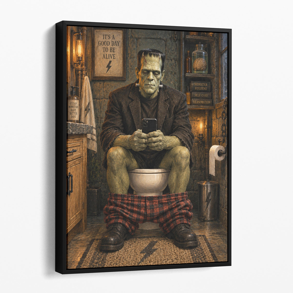Frankeinstein On The Phone On The Toilet
