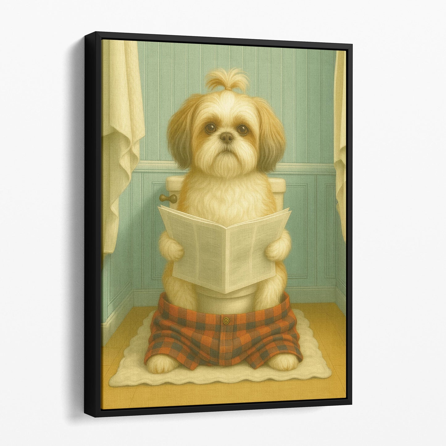 Shih Tzu Dog Reading The Newspaper On The Toilet