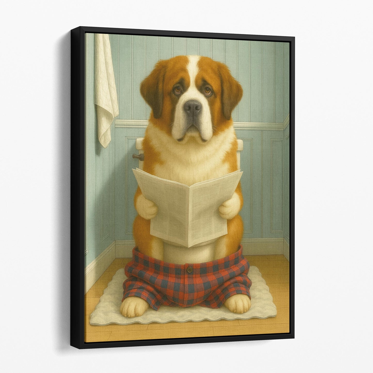 Saint Bernard Dog Reading The Newspaper On The Toilet