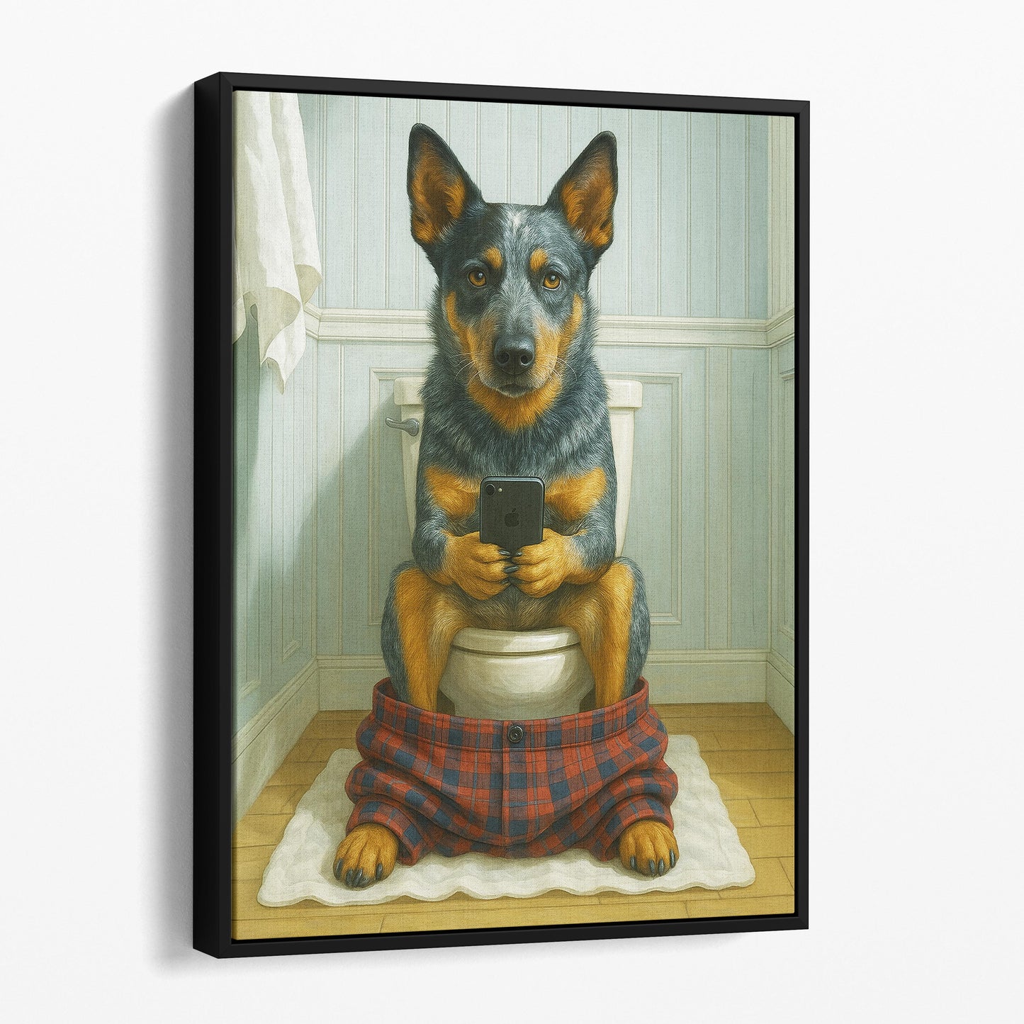 Australian Cattle Dog On The Phone On The Toilet