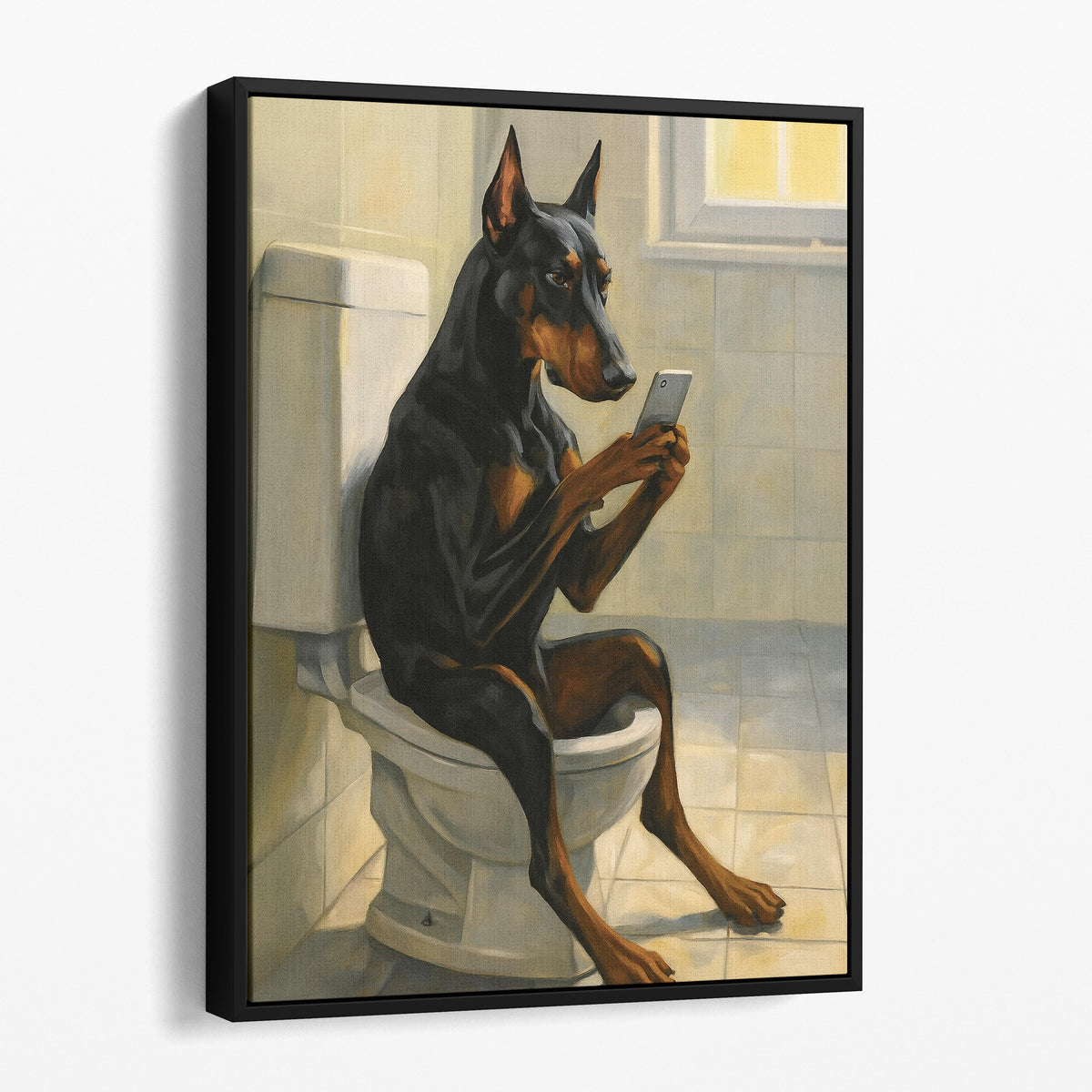 Doberman On The Phone On The Toilet