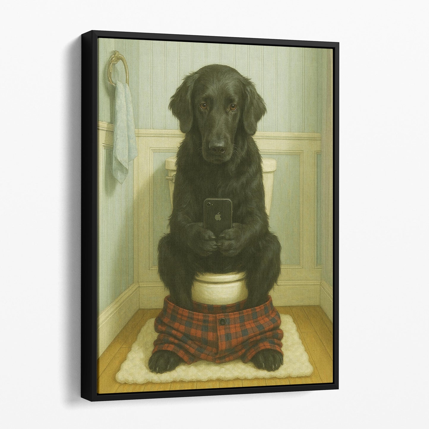 Flat-coated Retriever Dog On The Phone On The Toilet